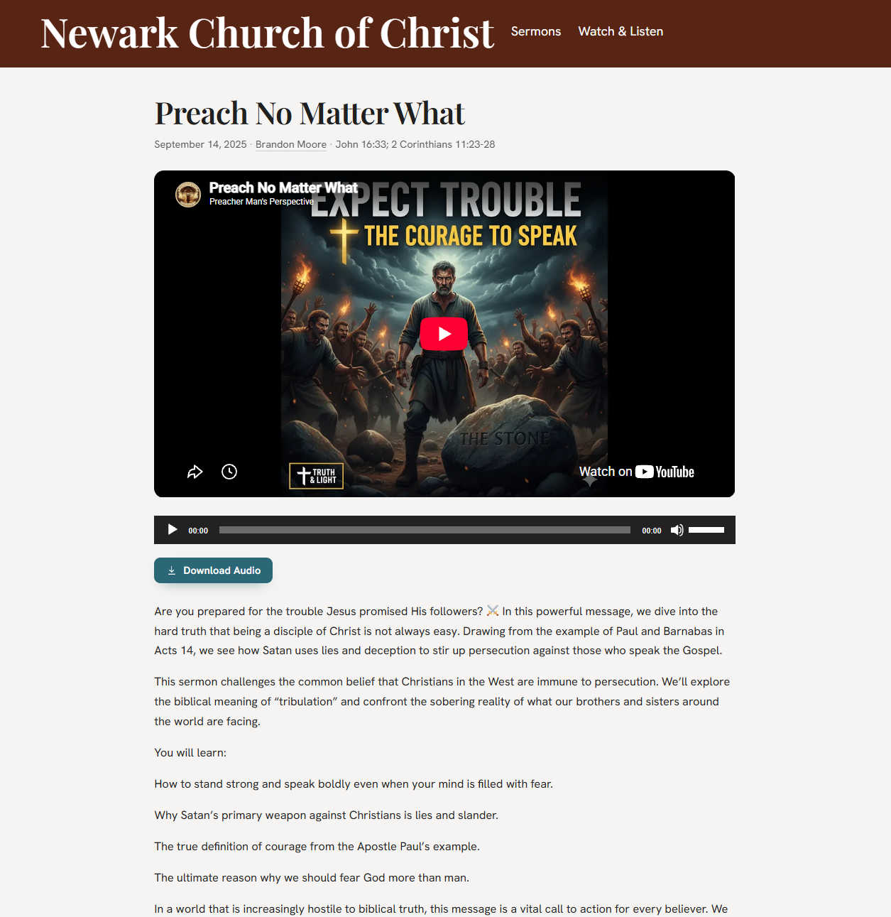 A single sermon — video, audio, series, speaker, and Scripture.