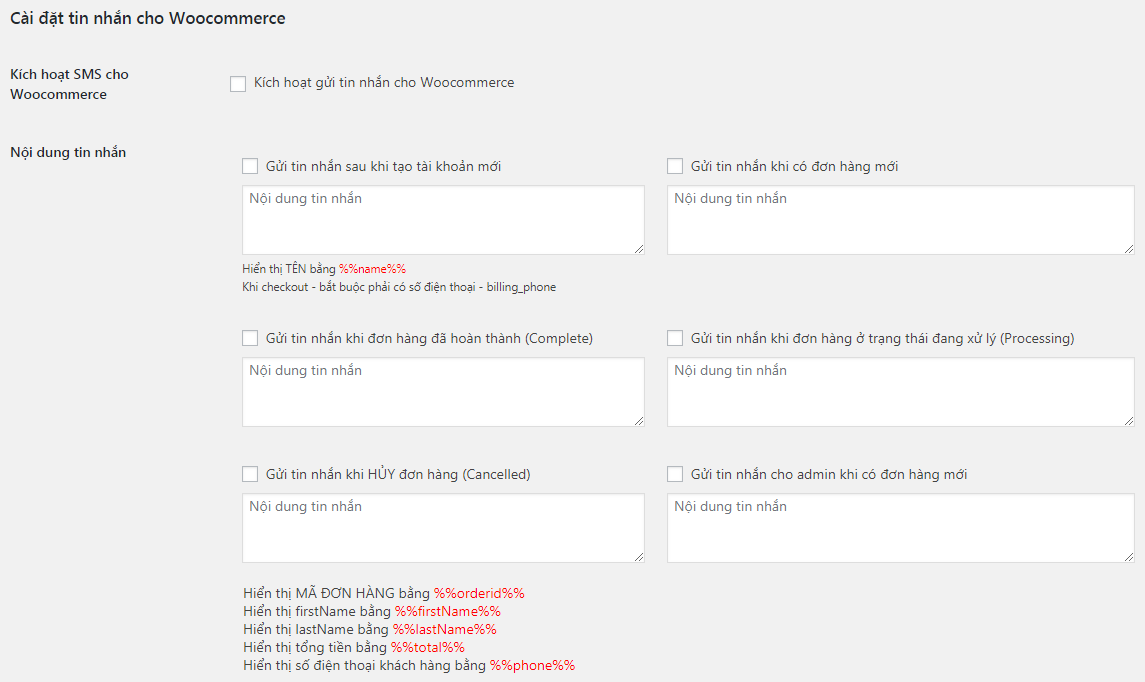 Cài đặt SMS cho Woocommerce
