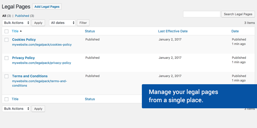 Manage your legal pages from a single place.