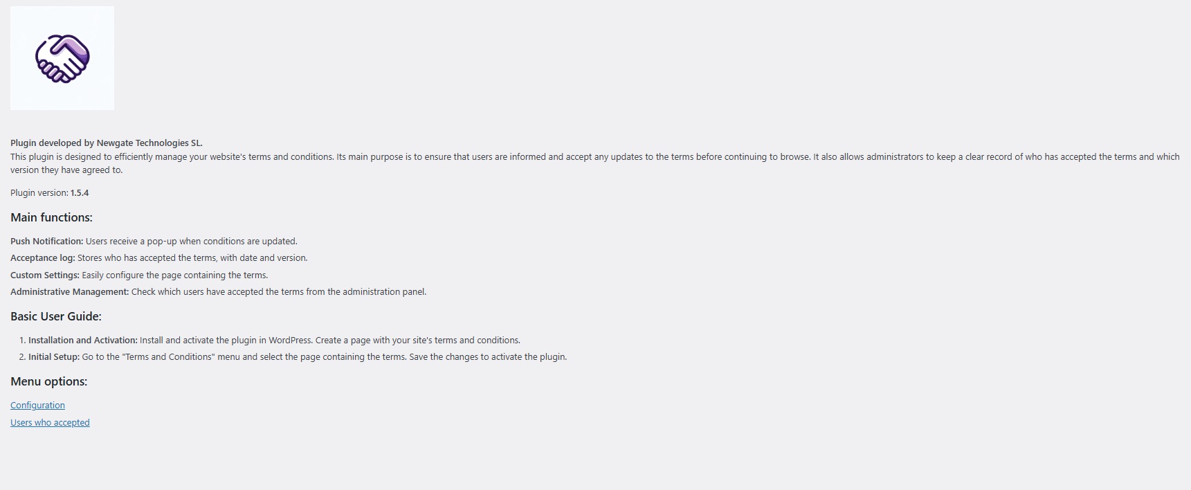 **Configuration Panel** – Select the page used for your terms and conditions.