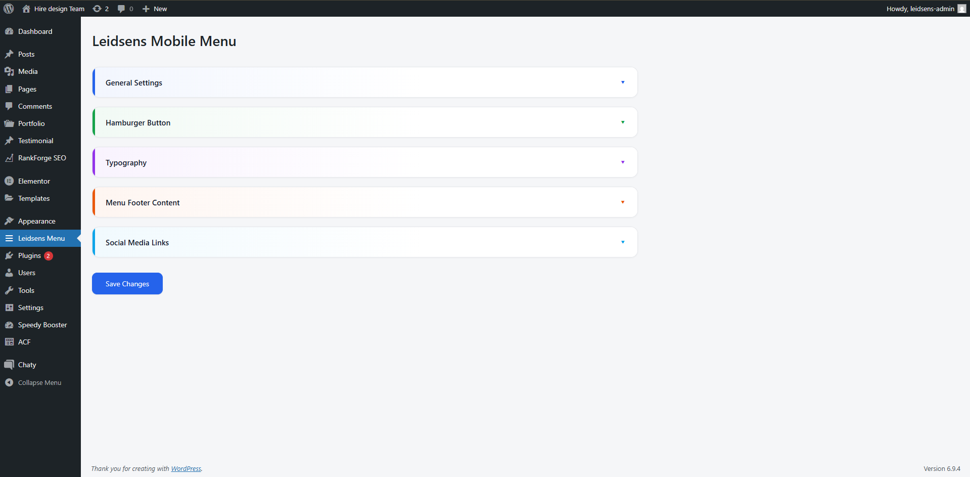 Admin settings page with accordion sections and toggle controls