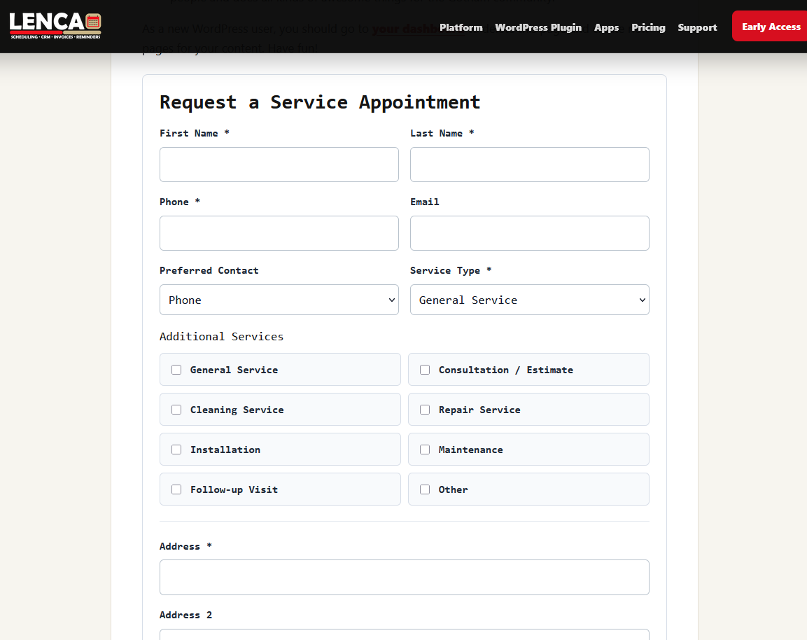 Public booking form address, appointment date, arrival window, and notes fields.