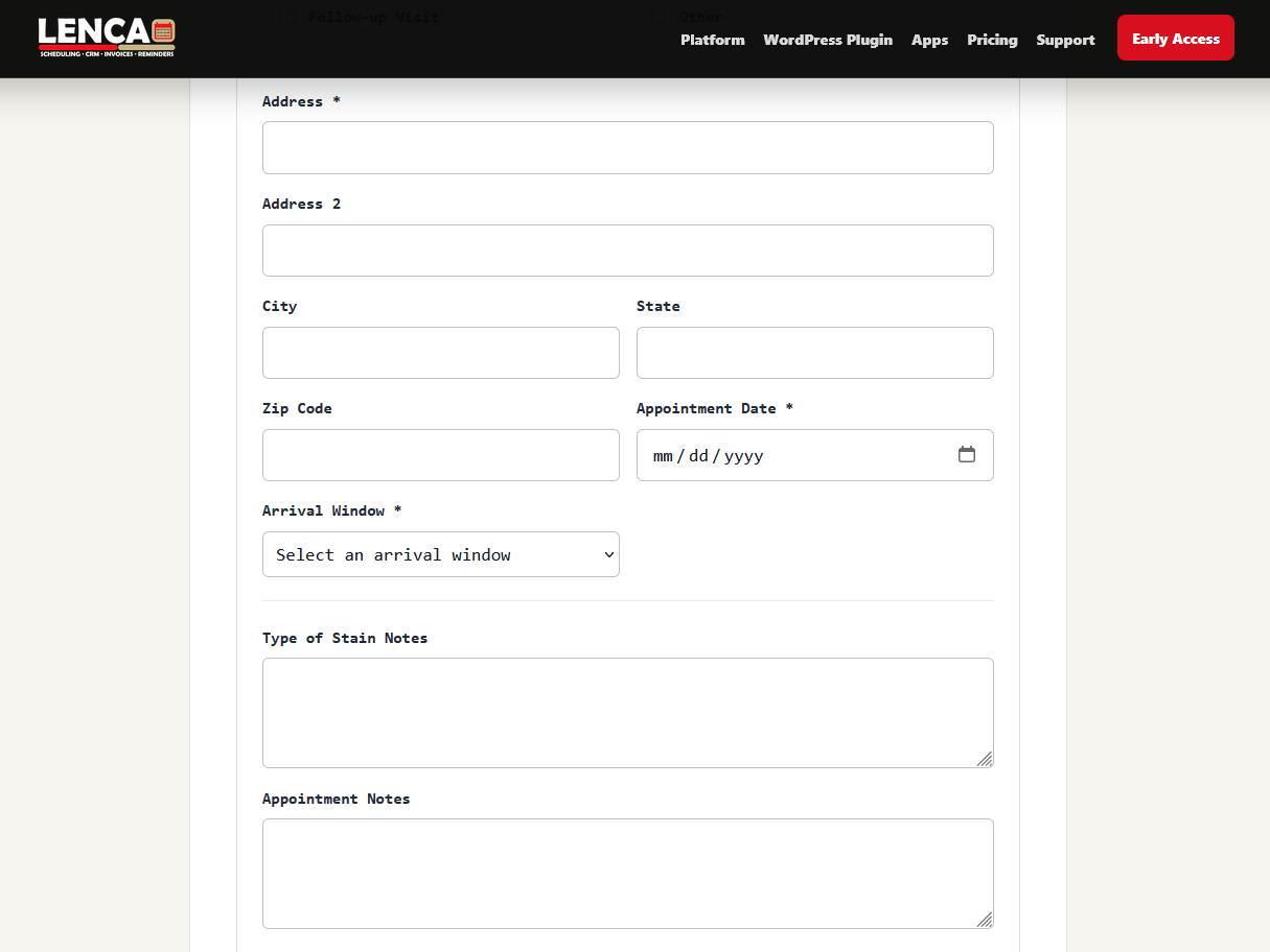 Public booking form SMS consent and appointment request submission.