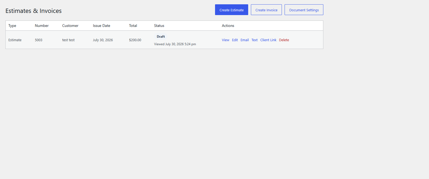 Mobile-friendly estimate view with client details, totals, notes, and approval tracking.