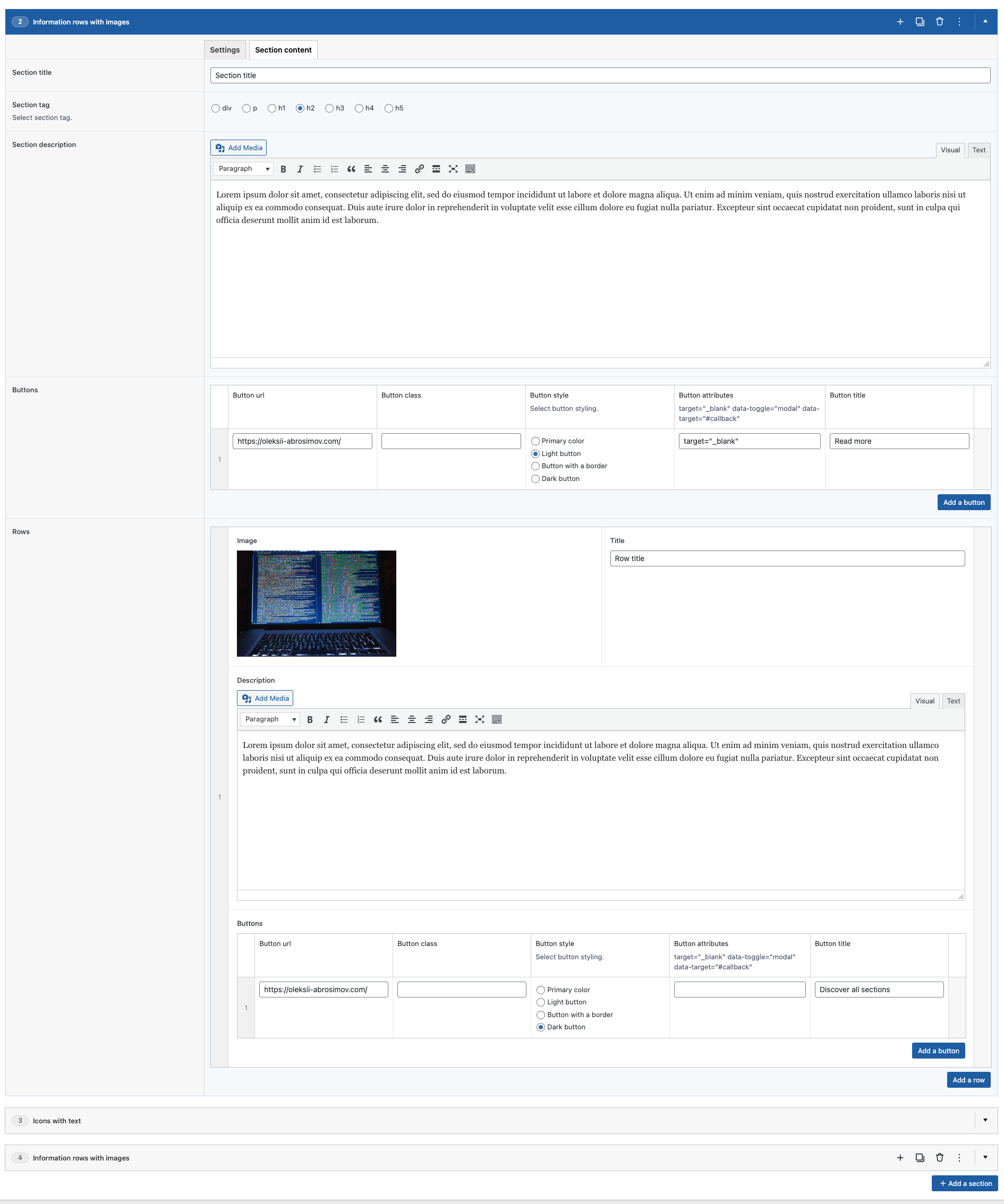 Editing a single section layout with ACF PRO fields.