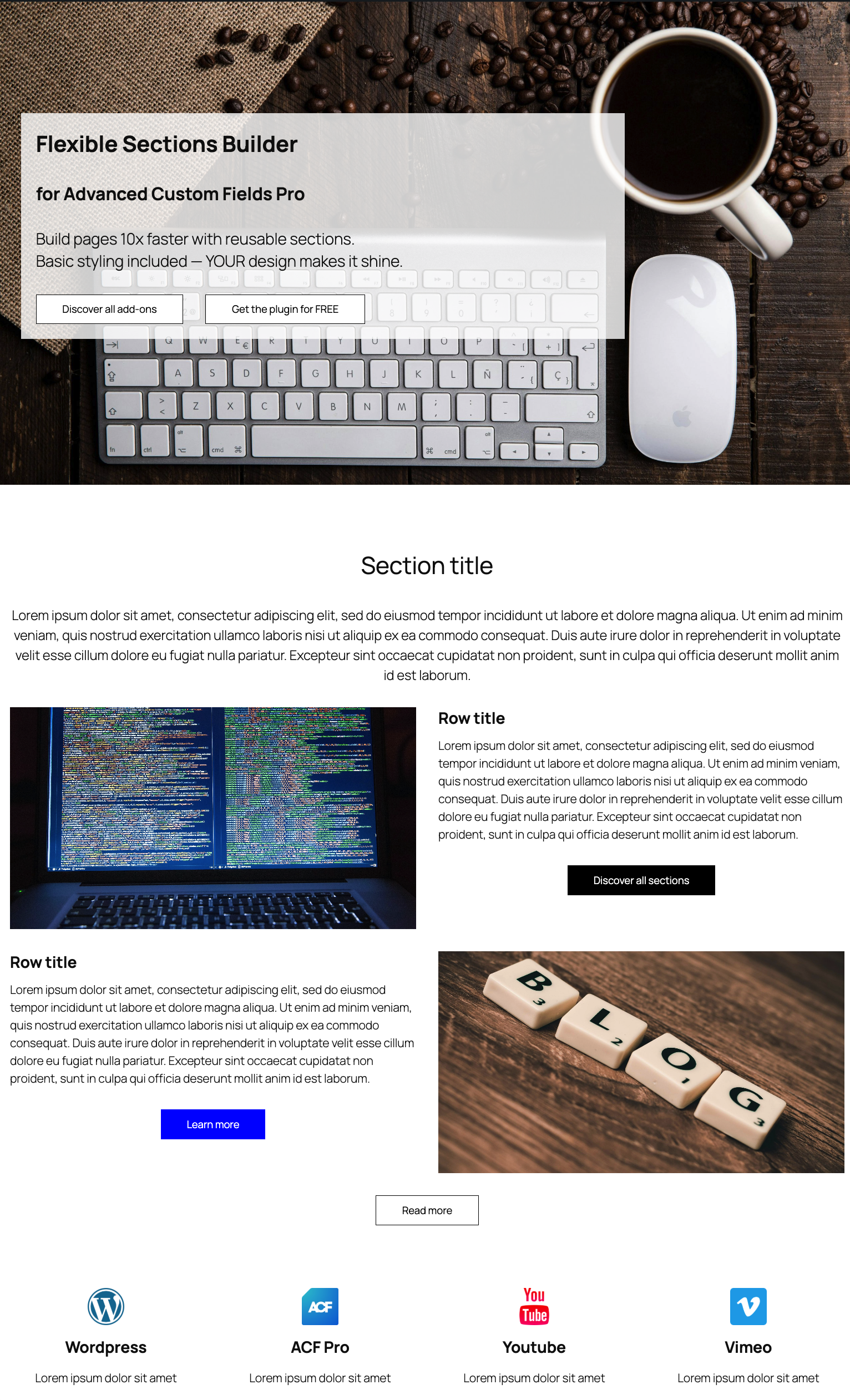Example front-end page composed from multiple reusable sections (Hero, Rows, Icons).