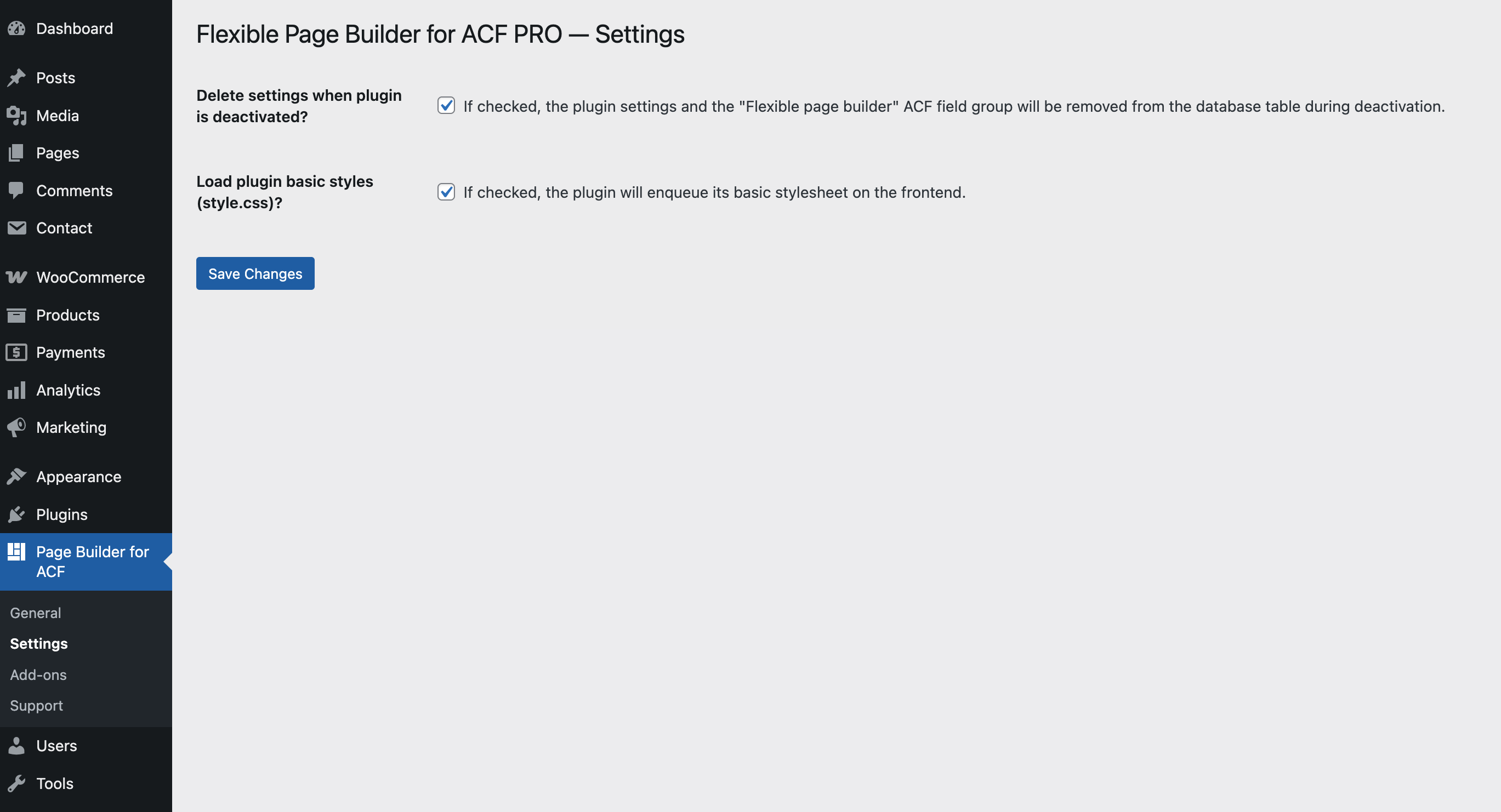 Settings page with basic styling and options enabled.