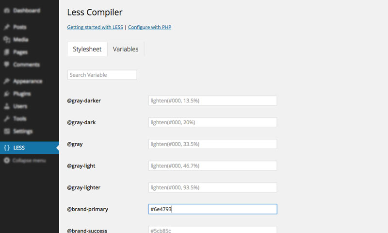 The 'Variables' page after configuration