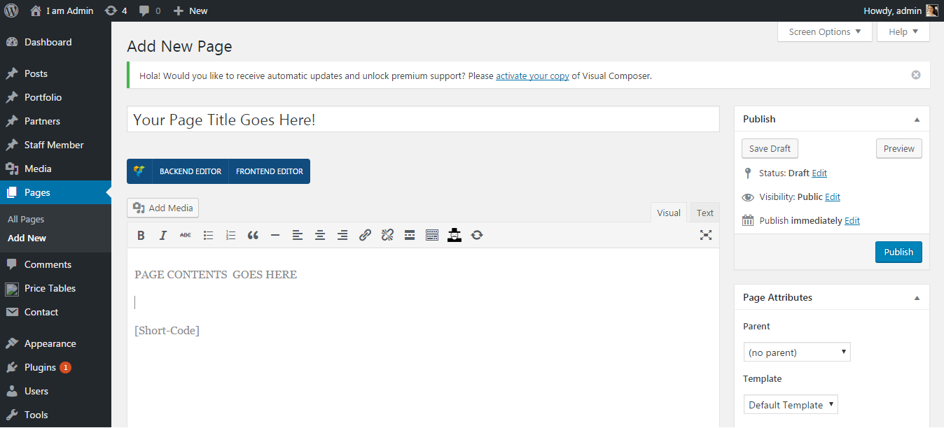 Add short-code to a page