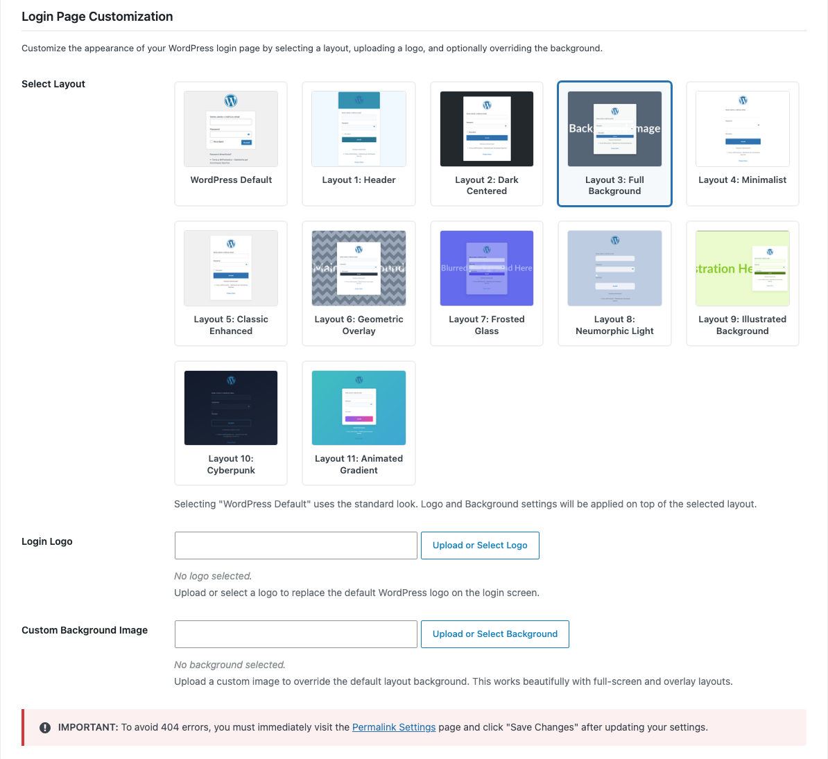 The customization panel where you can select out of 11 distinct login layouts.