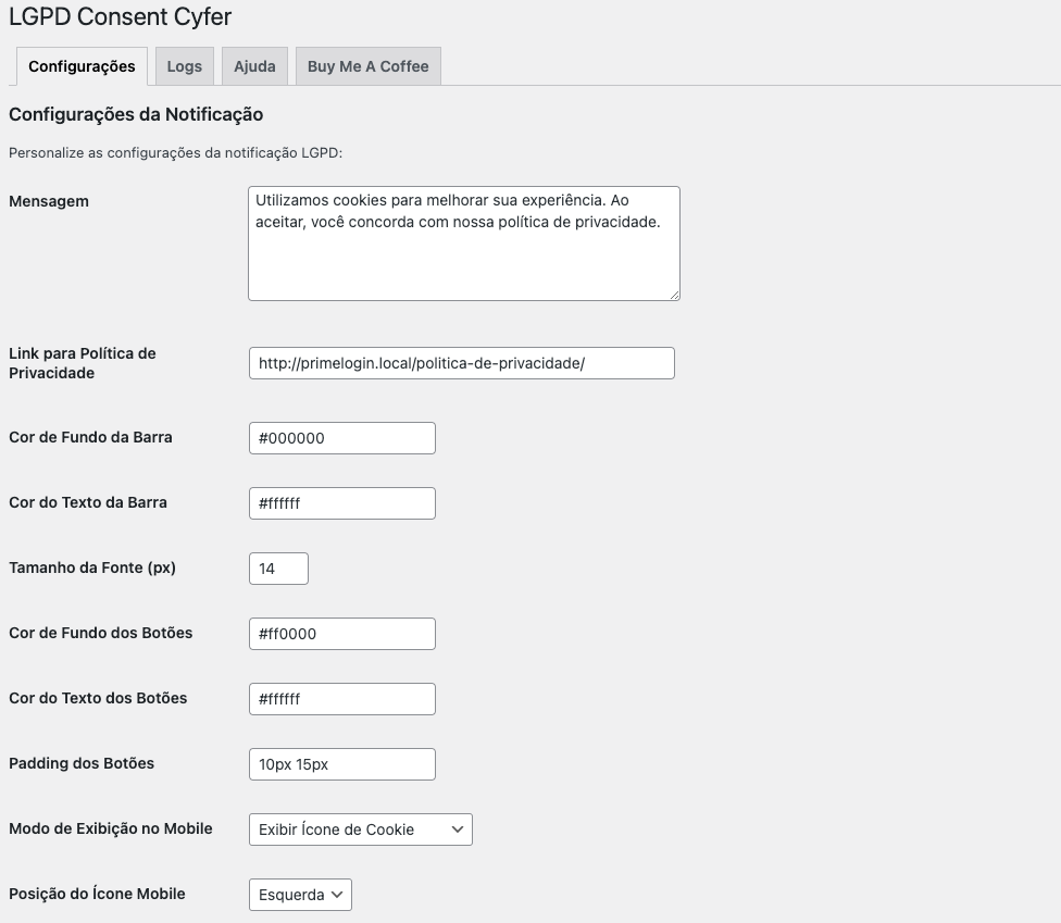 **Painel de configurações:** Configurações e logs.