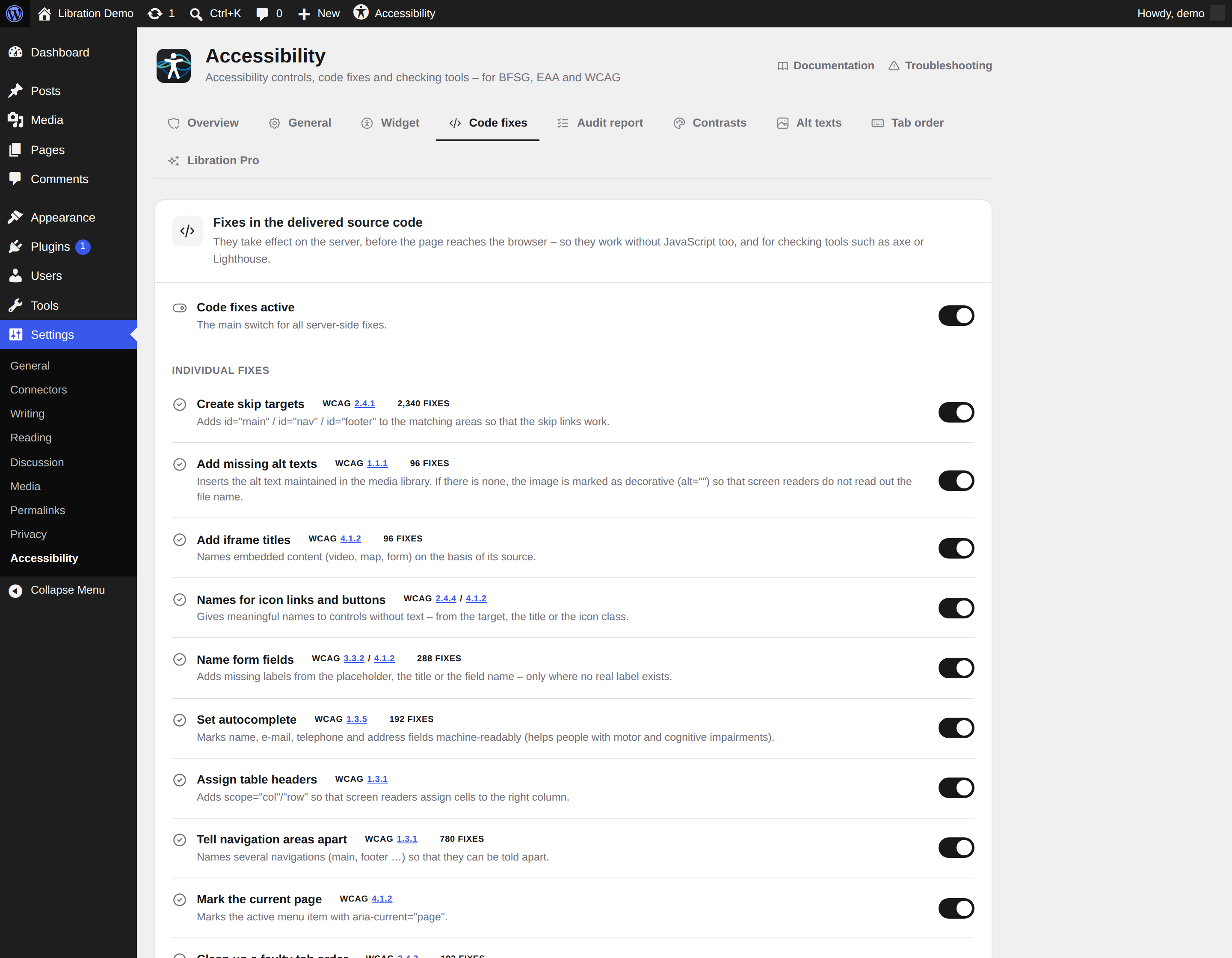 Code fixes in the delivered HTML — one main switch, twelve individual fixes, counted per page view