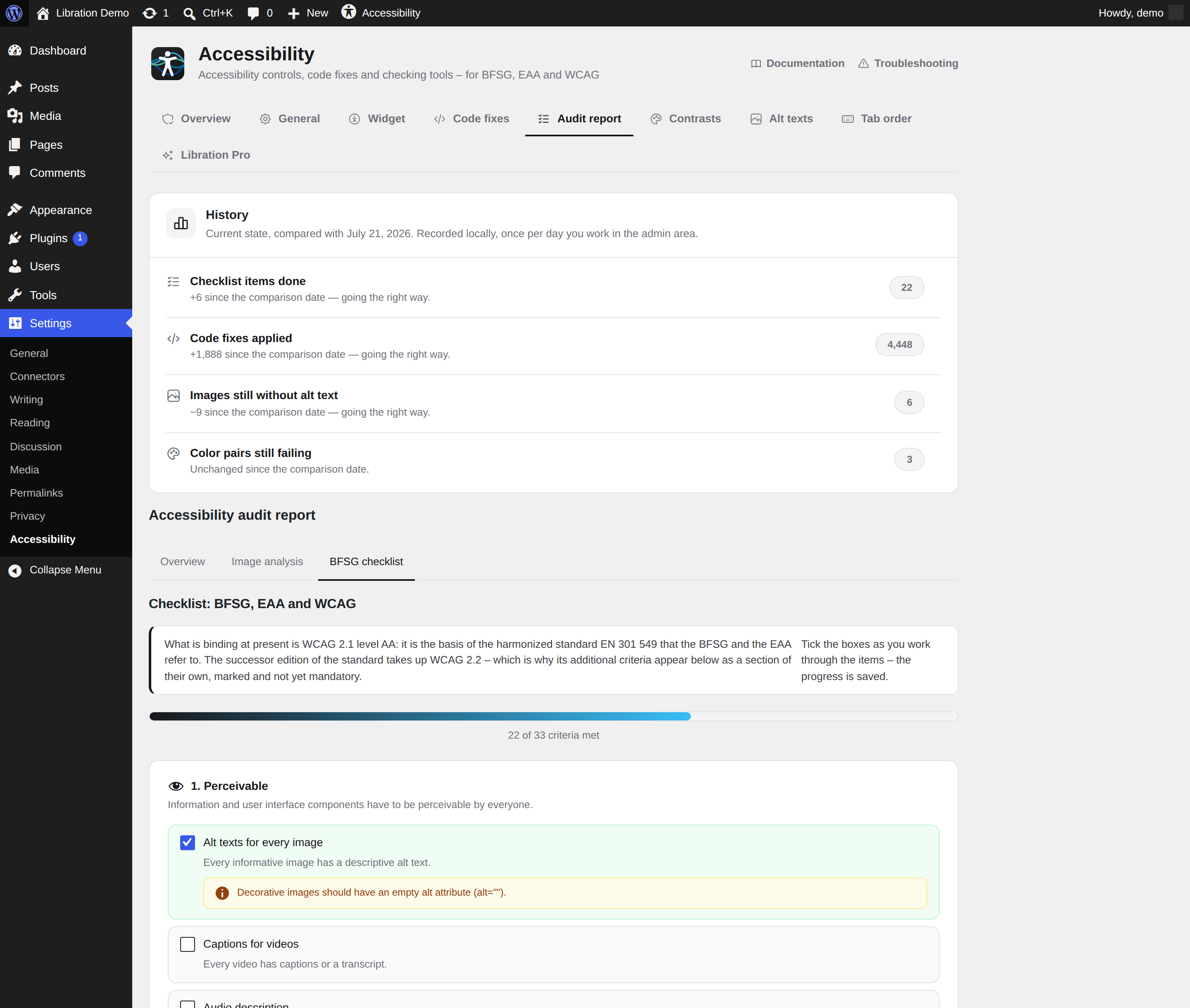 WCAG 2.1 AA checklist with progress, including the six additions of WCAG 2.2