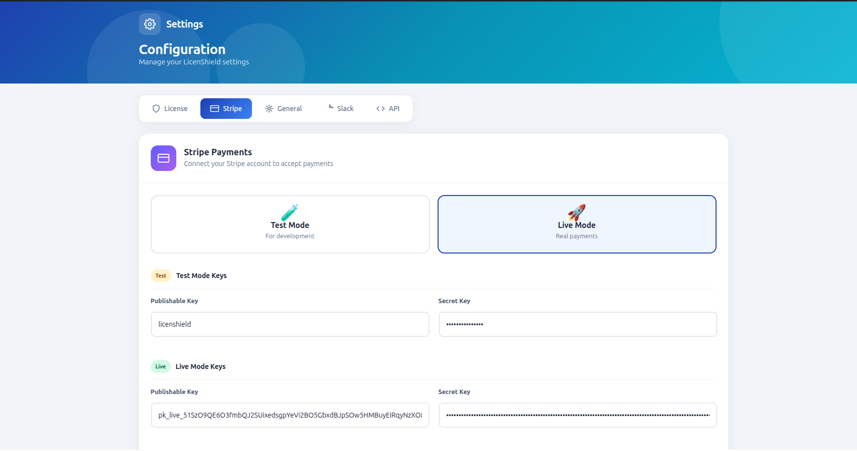 Settings page with Stripe integration