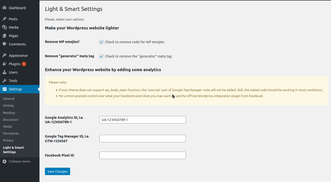 Plugin Light and Smart settings page