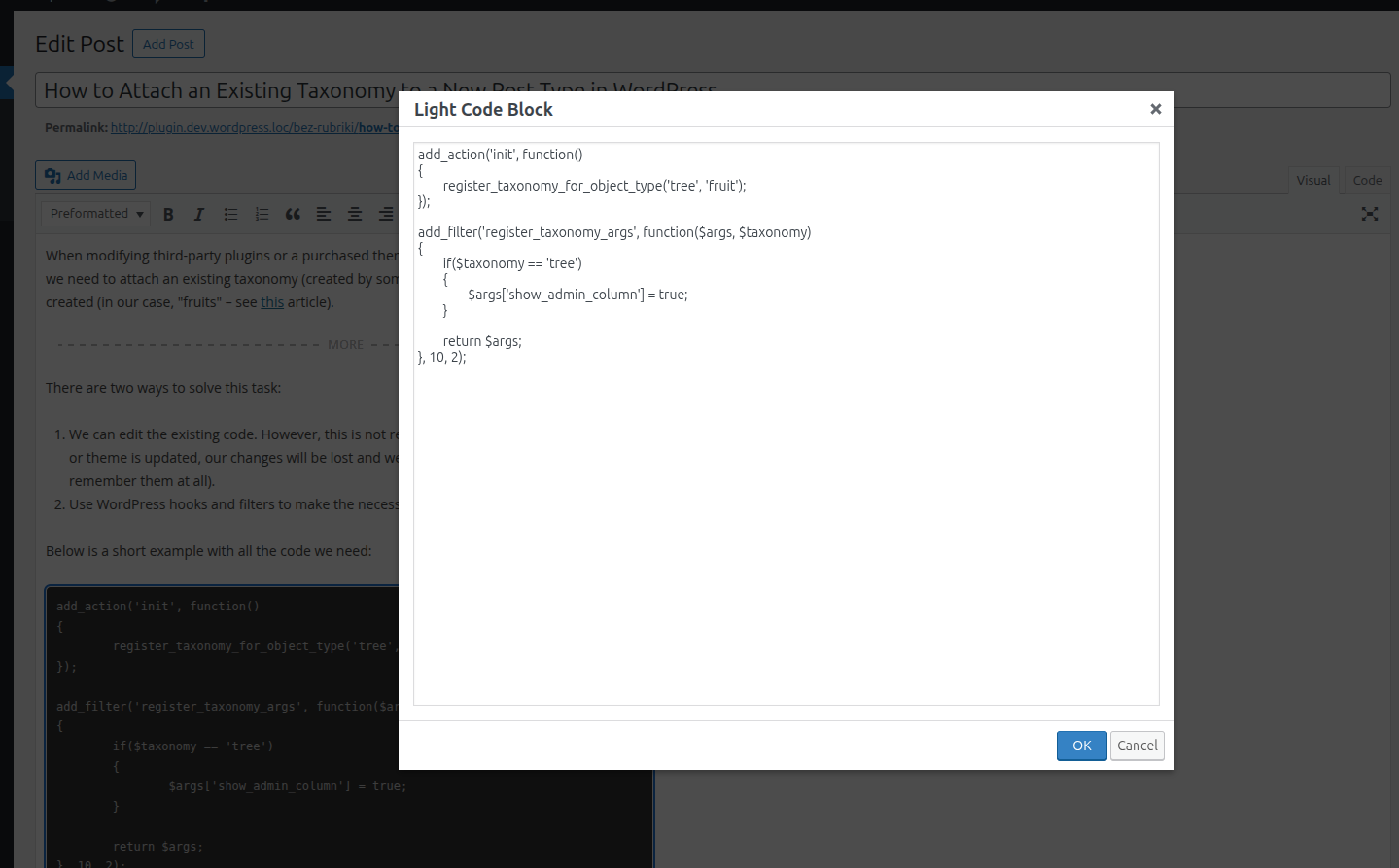 Popup window for inserting/editing code (Classic version).