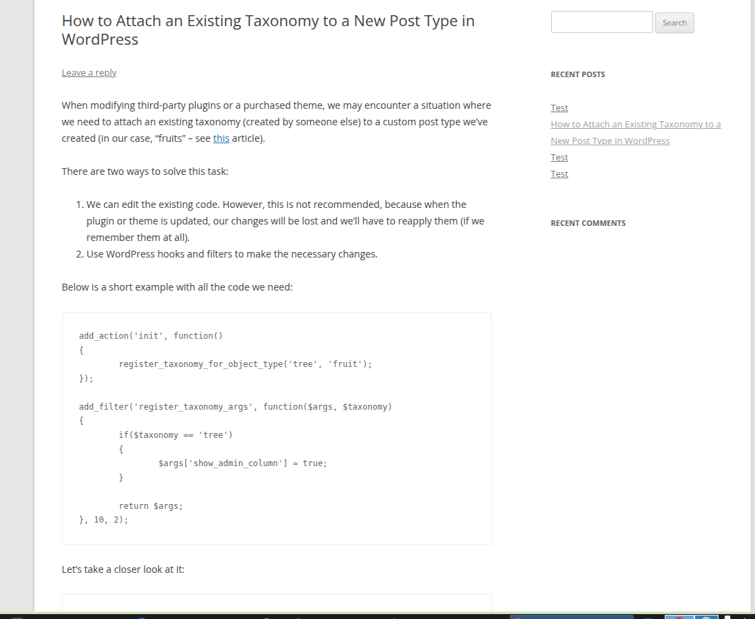 Example of a rendered code block on the front end.