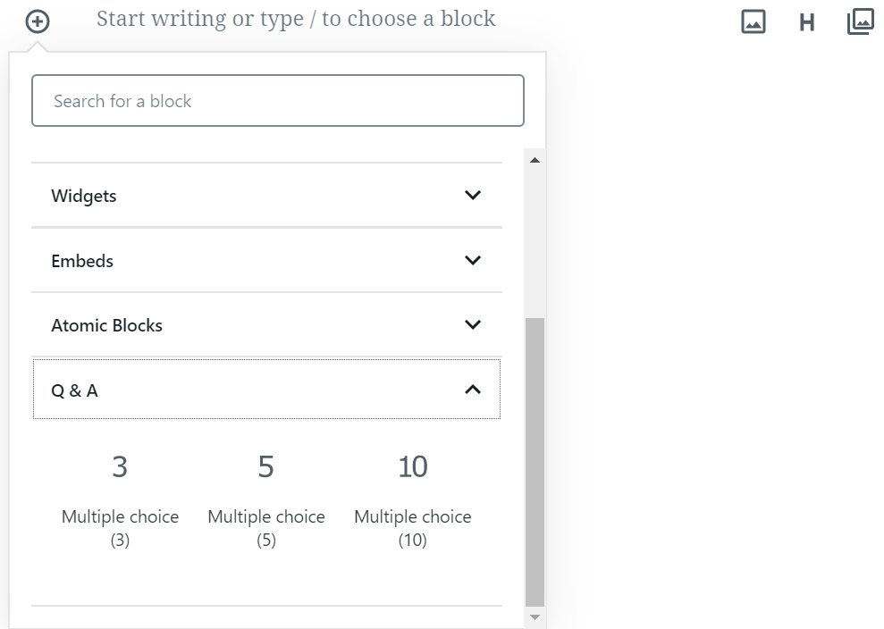 Enter multiple choices questions simply by adding a block to a page or post.