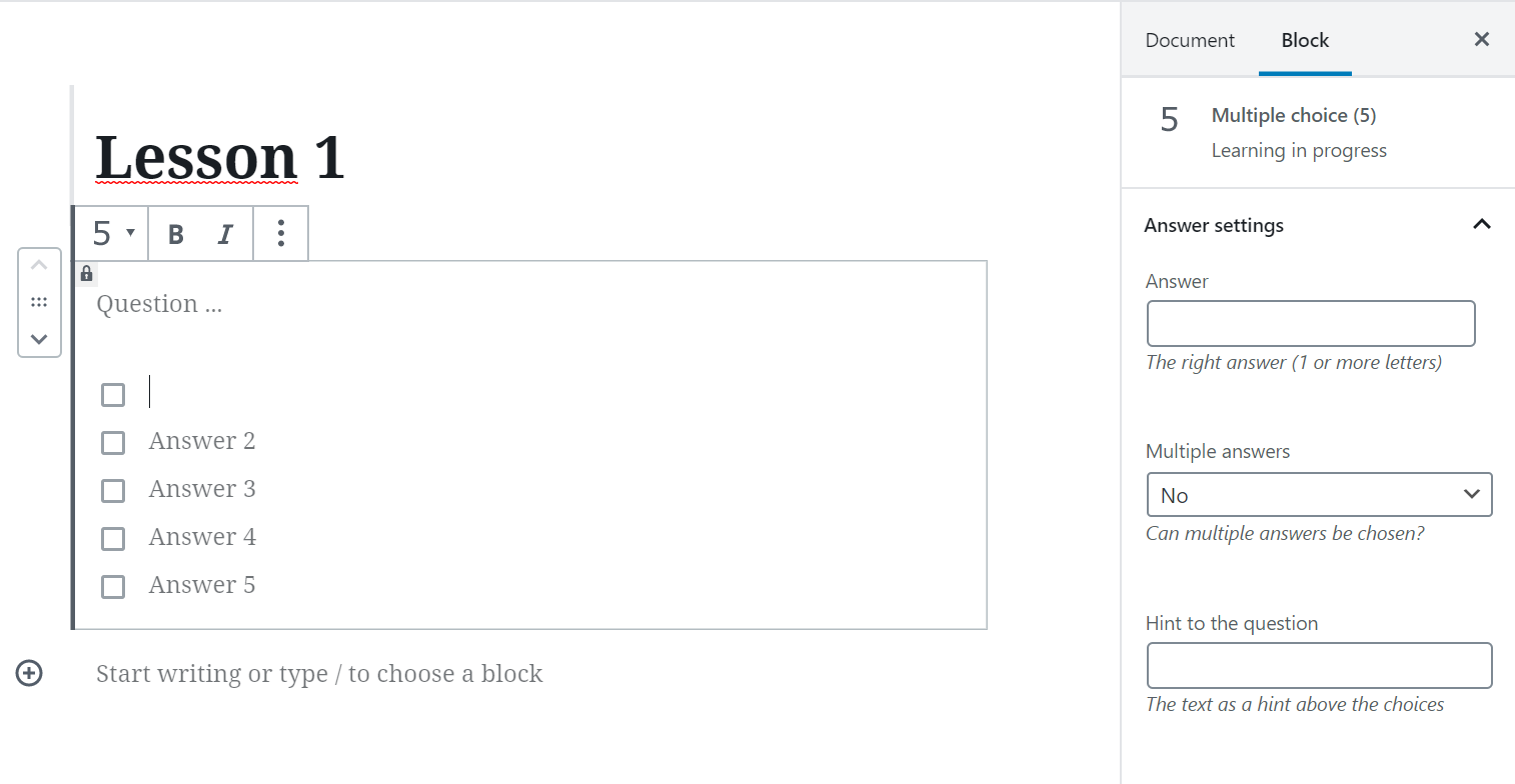 Enter the question and answers and fill out the settings. Leave some answers blank in order to hide them.