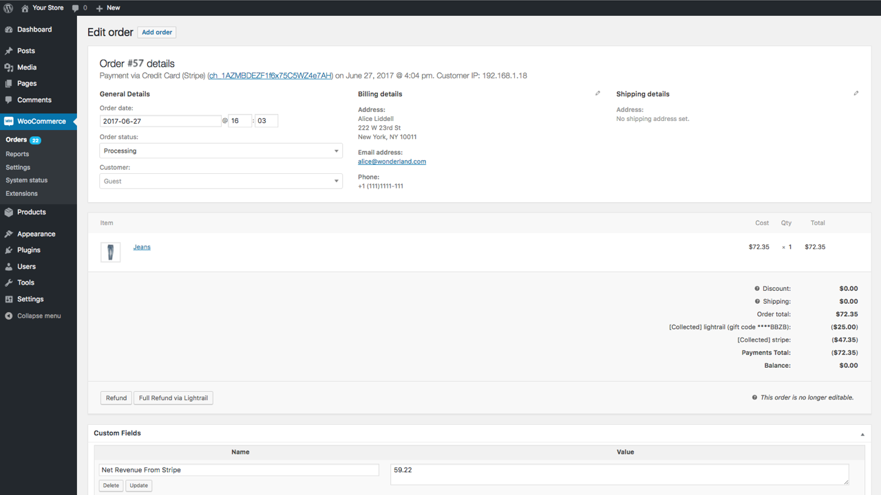 View Lightrail Gift Card redemption details in your WordPress dashboard.