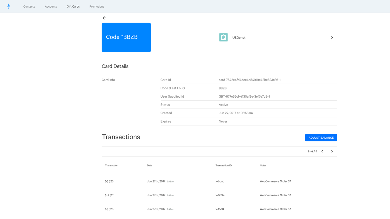 Track individual card details and transactions in Lightrail.