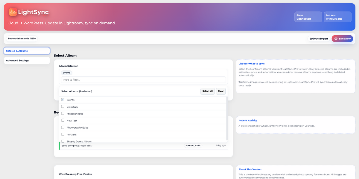 Select one Lightroom album to sync with WordPress