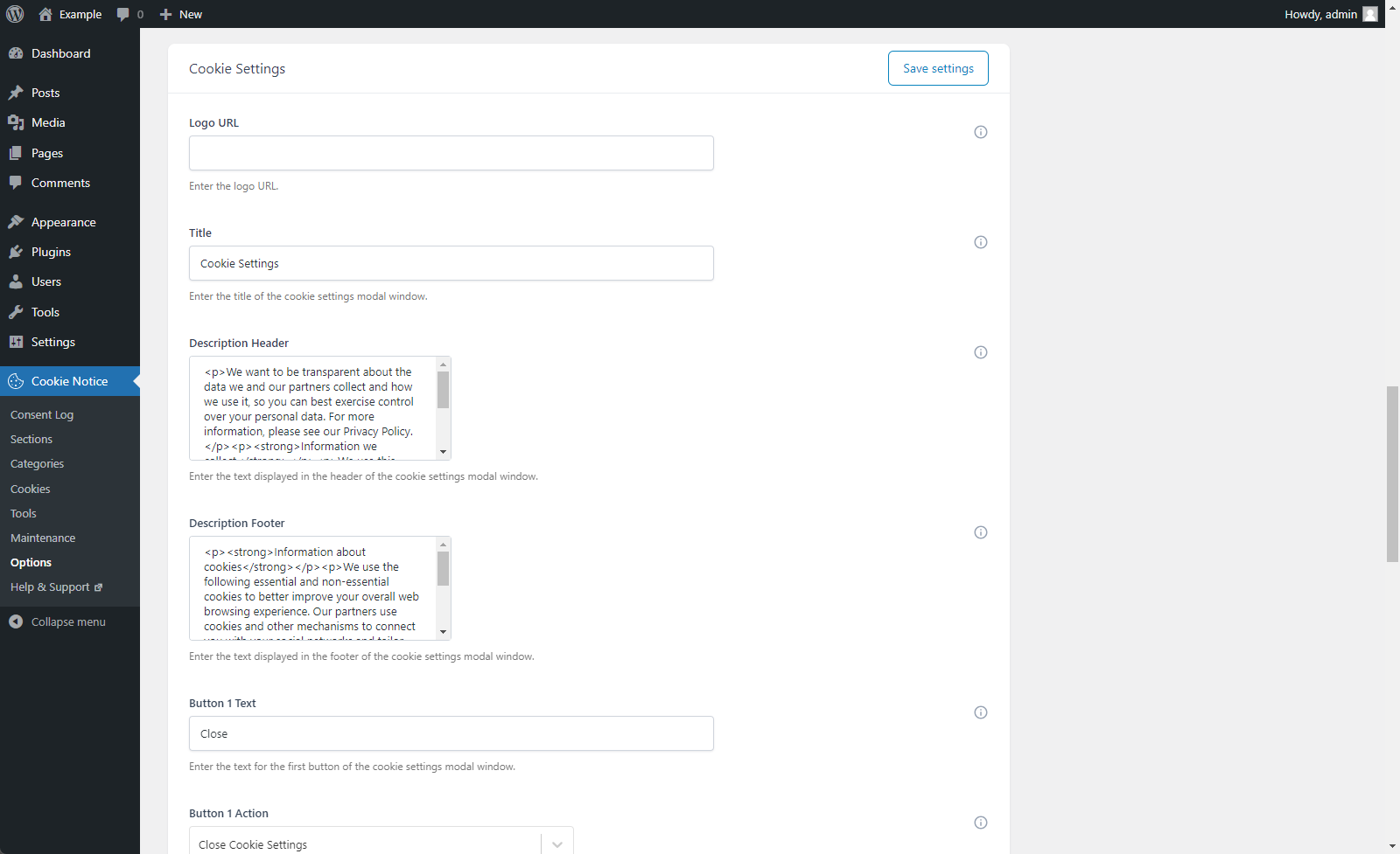 Configure the cookie sections.