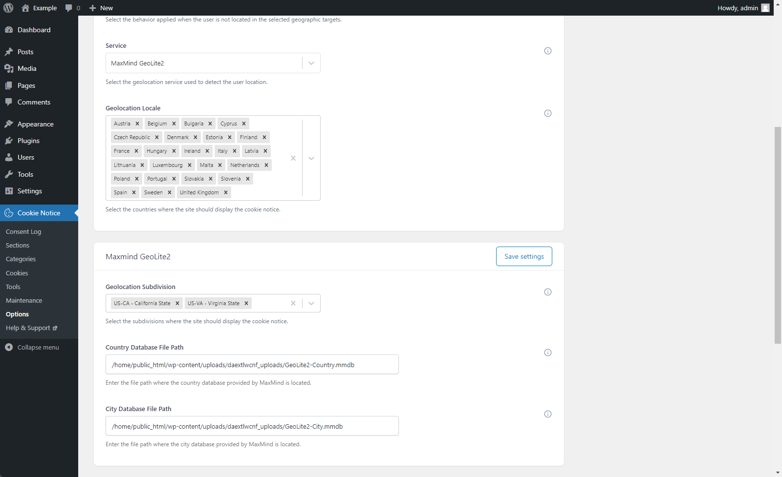 Enter a custom cookie notice message and configure the content and behavior of the buttons.