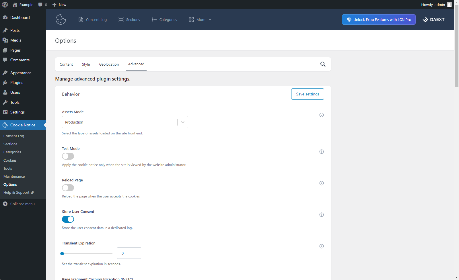 Configure the content and behavior of the cookie settings modal window.