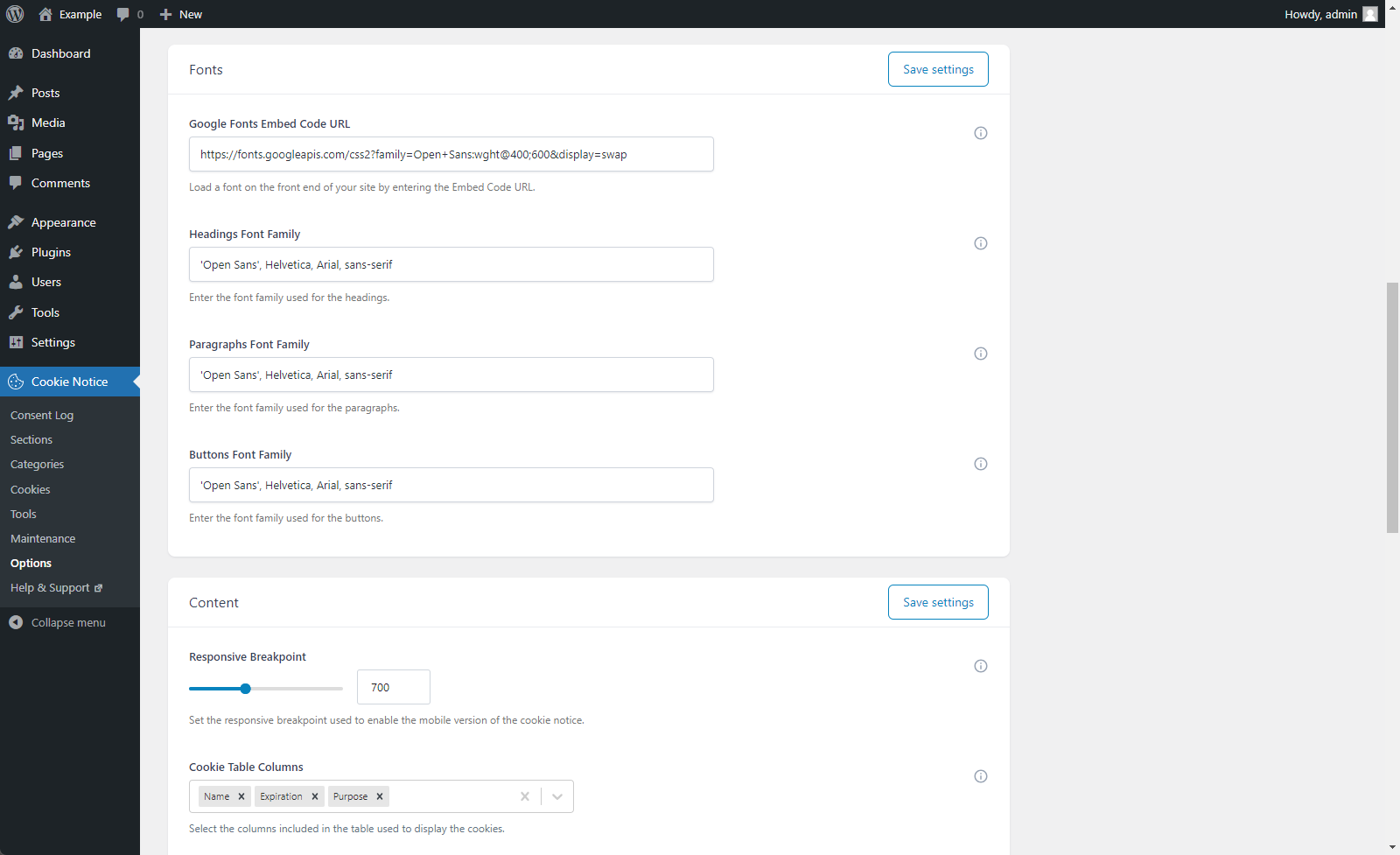 Configure the general style of the cookie notice.