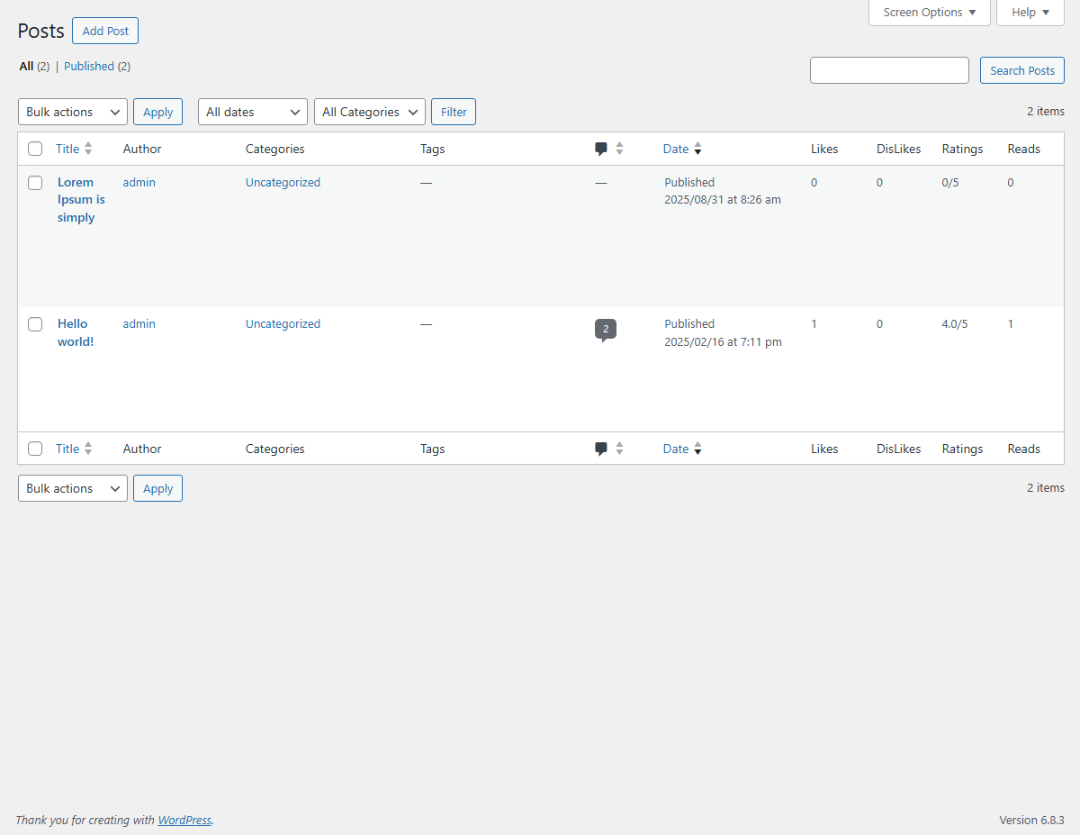 Admin Settings Page - Post View Read Section