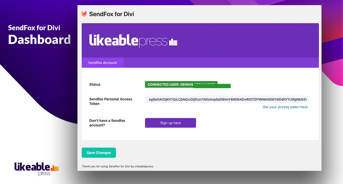 SendFox for Divi Dashboard. Add your SendFox access token here and check connection.