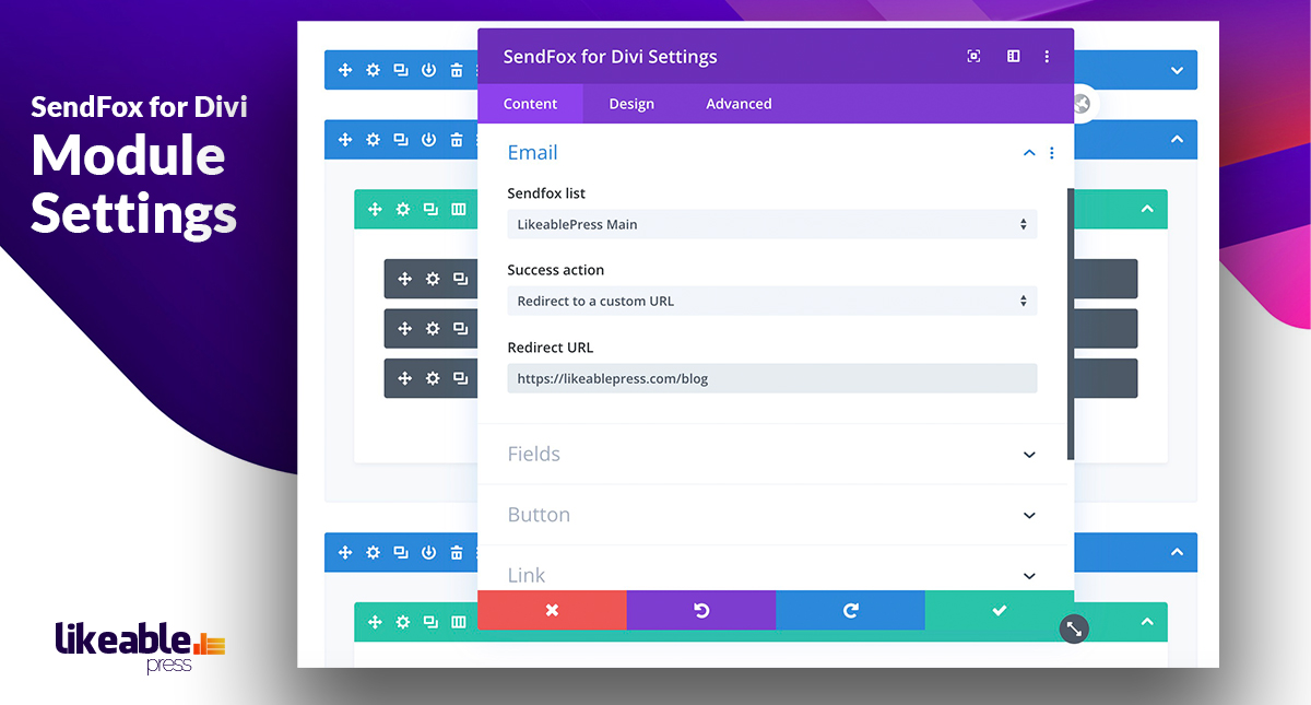 SendFox for Divi Module Settings. Select your list, configure and design your SendFox Opt-In form.