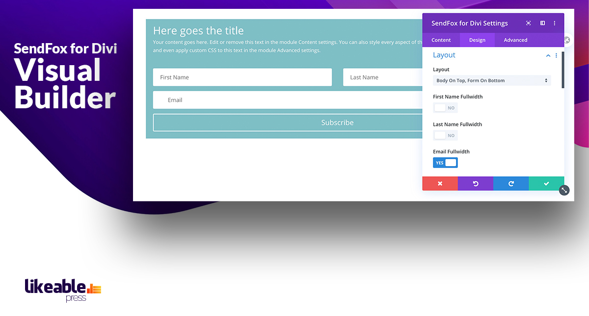 SendFox for Divi Visual Builder. Design your forms in real time and see the results instantly.