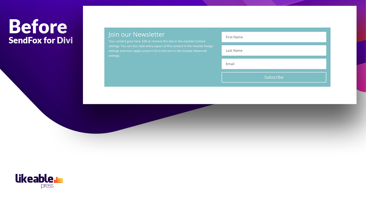 SendFox for Divi Before Screenshot. This is how your Opt-In form looks before SendFox for Divi.