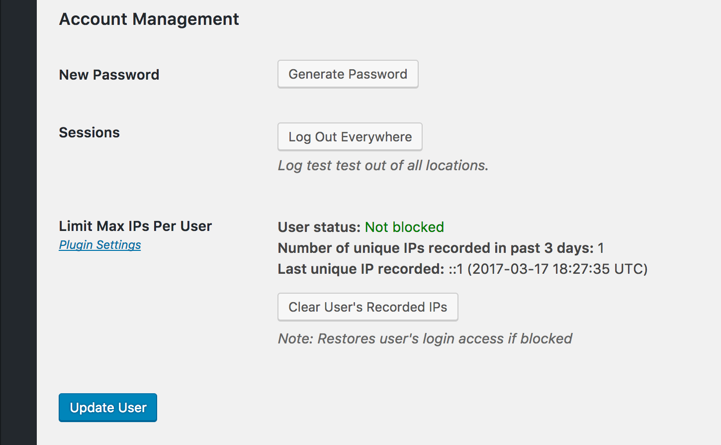 User settings page