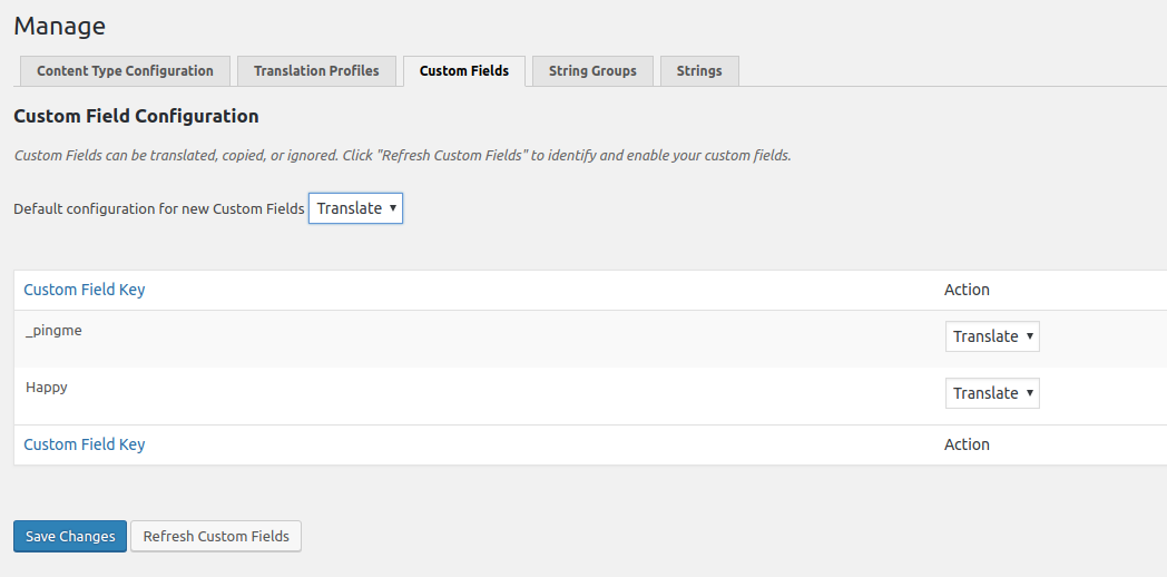 The Ray Enterprise Translation plugin provides the ability to Copy, Translate, and Ignore each specific custom field. Our plugin supports Wordpress custom fields and advanced custom fields.