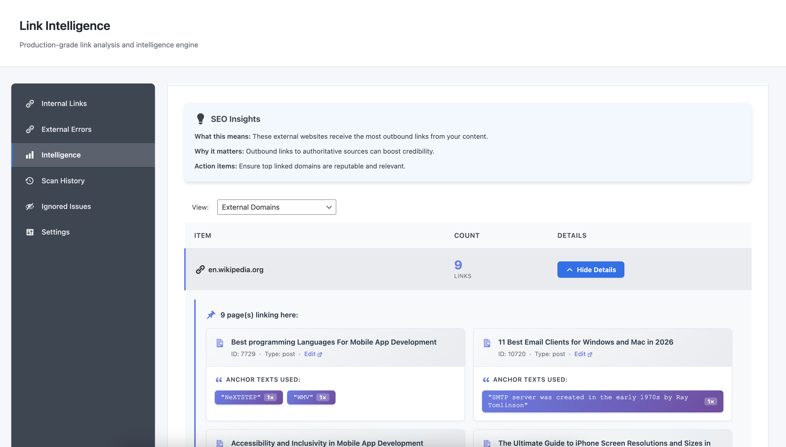 External Domains view revealing outbound link patterns