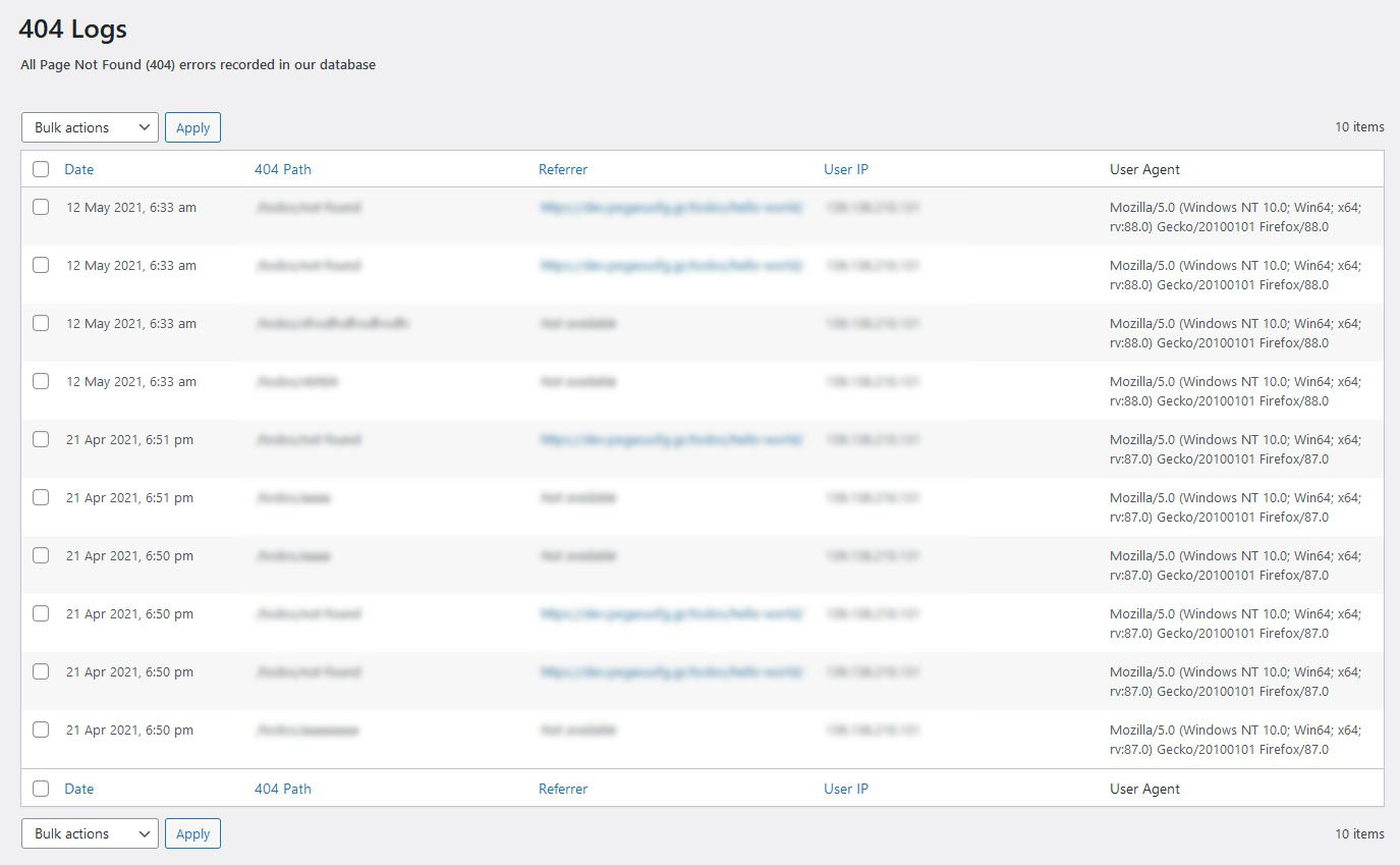 Log table to monitor 404 errors