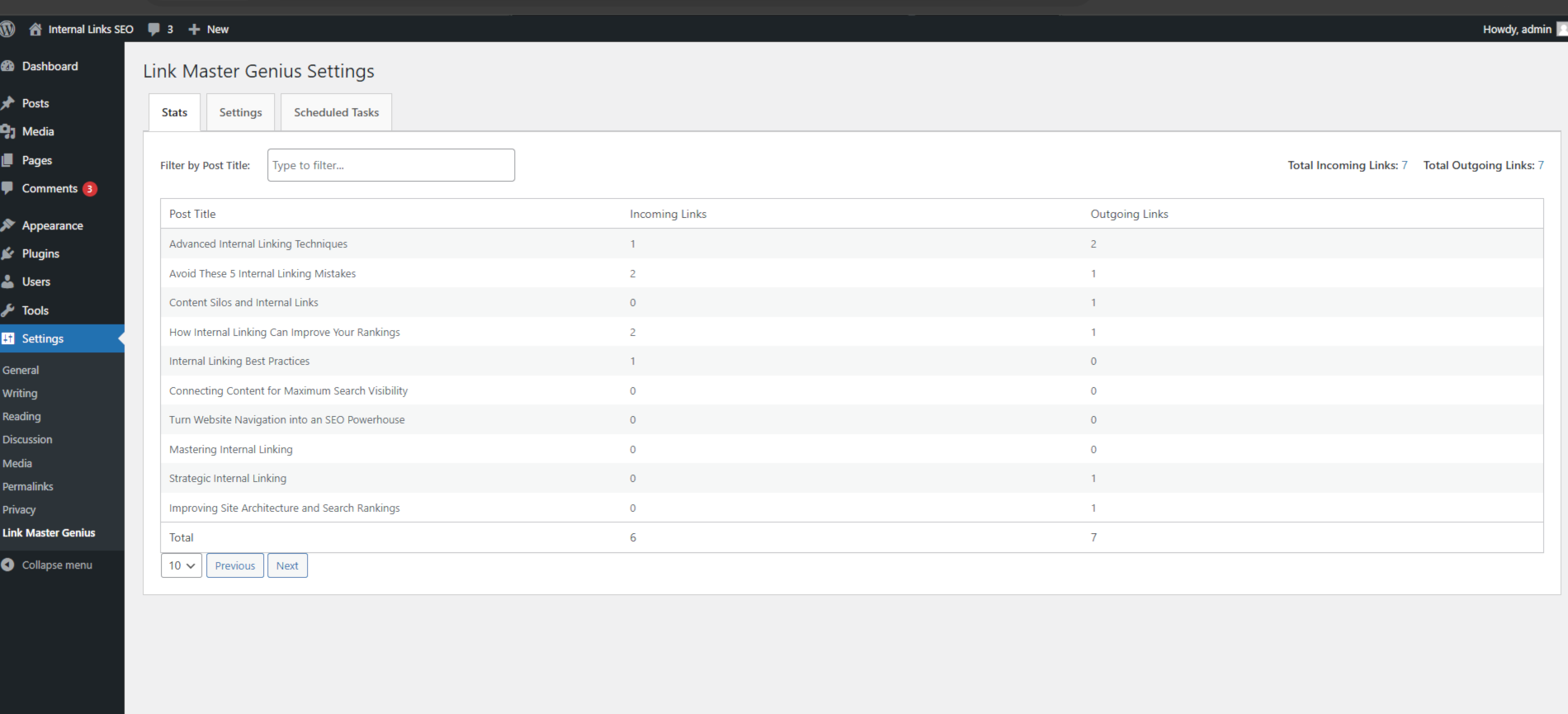 screenshot-2.png - Statistics dashboard showing link counts.