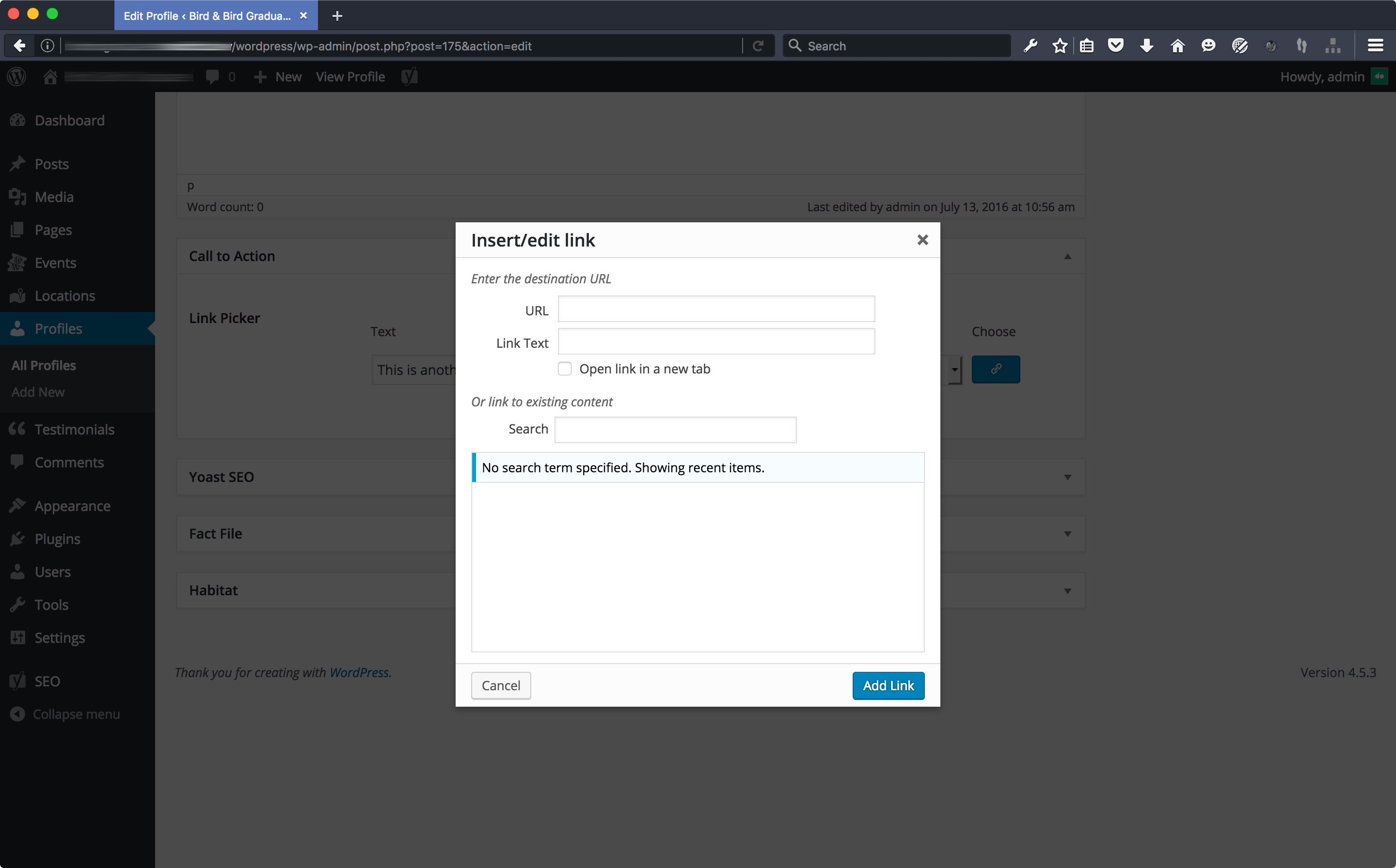 Choose a link from your WordPress install
