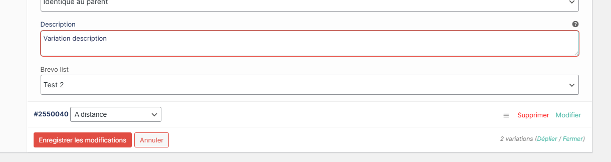 Manage product variations and link each variation to a specific Brevo list.