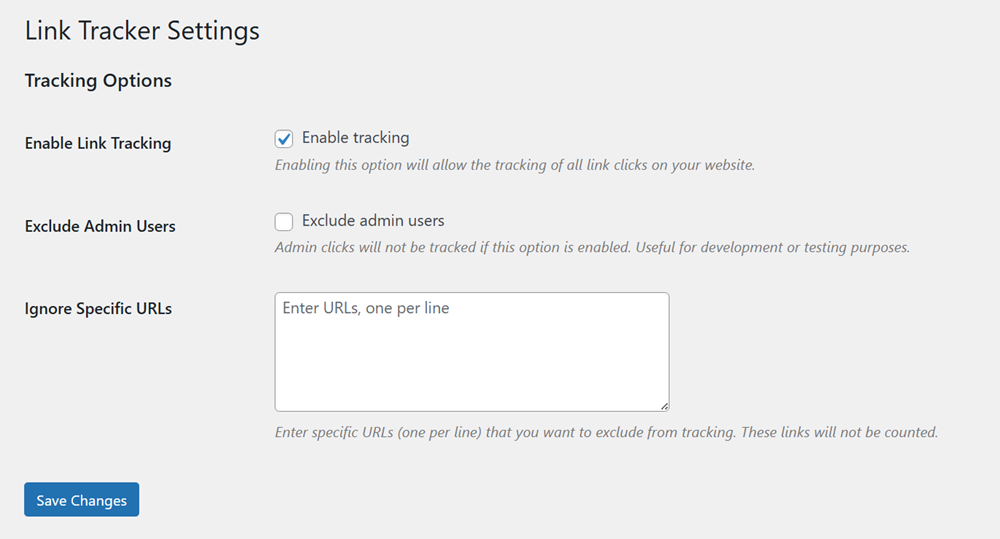 **Tracking Table** – Lists URLs along with their click count.