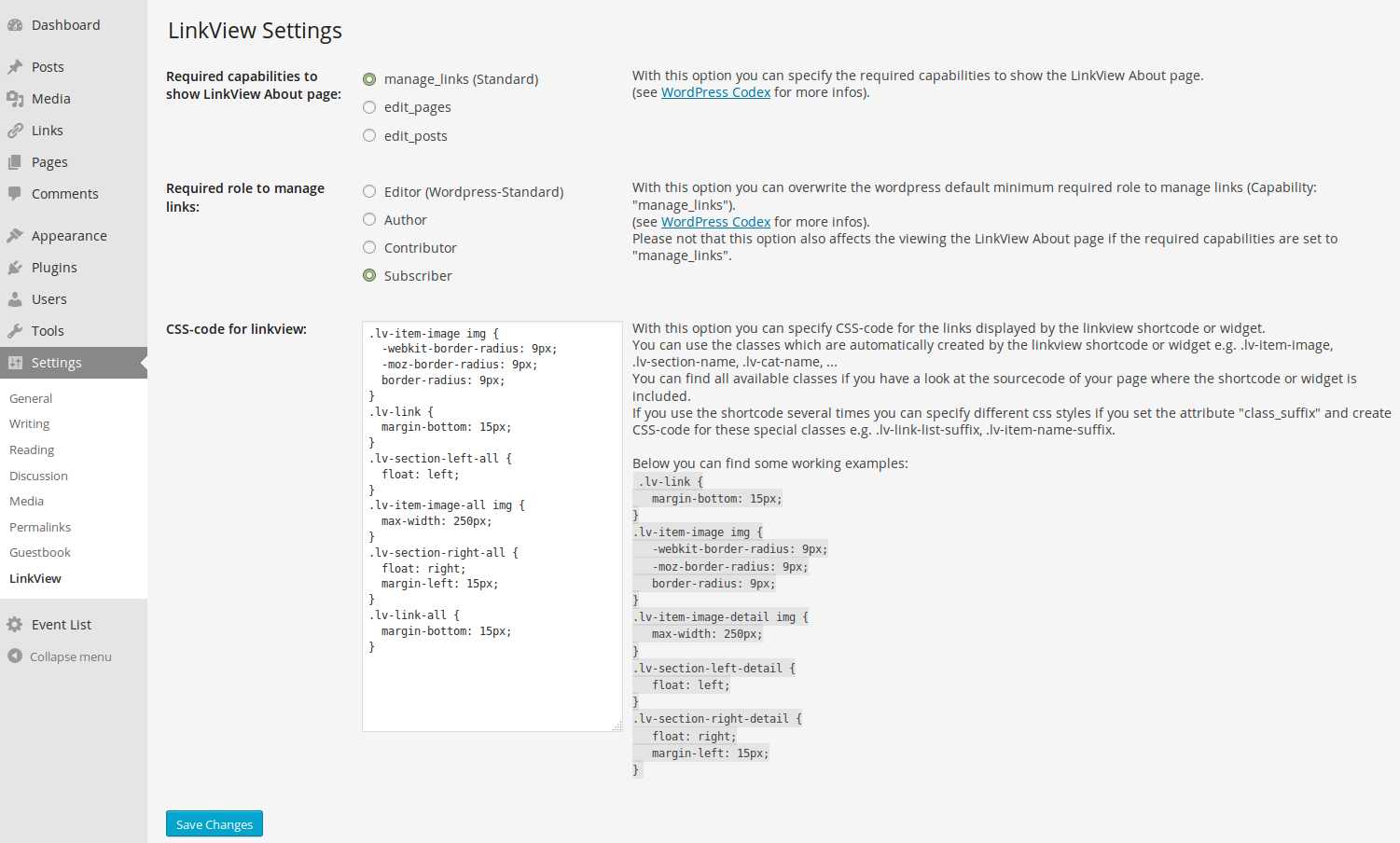 Admin settings page
