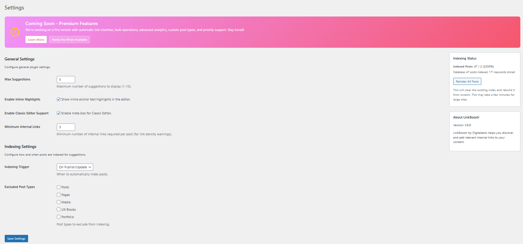 Settings page with indexing options and status