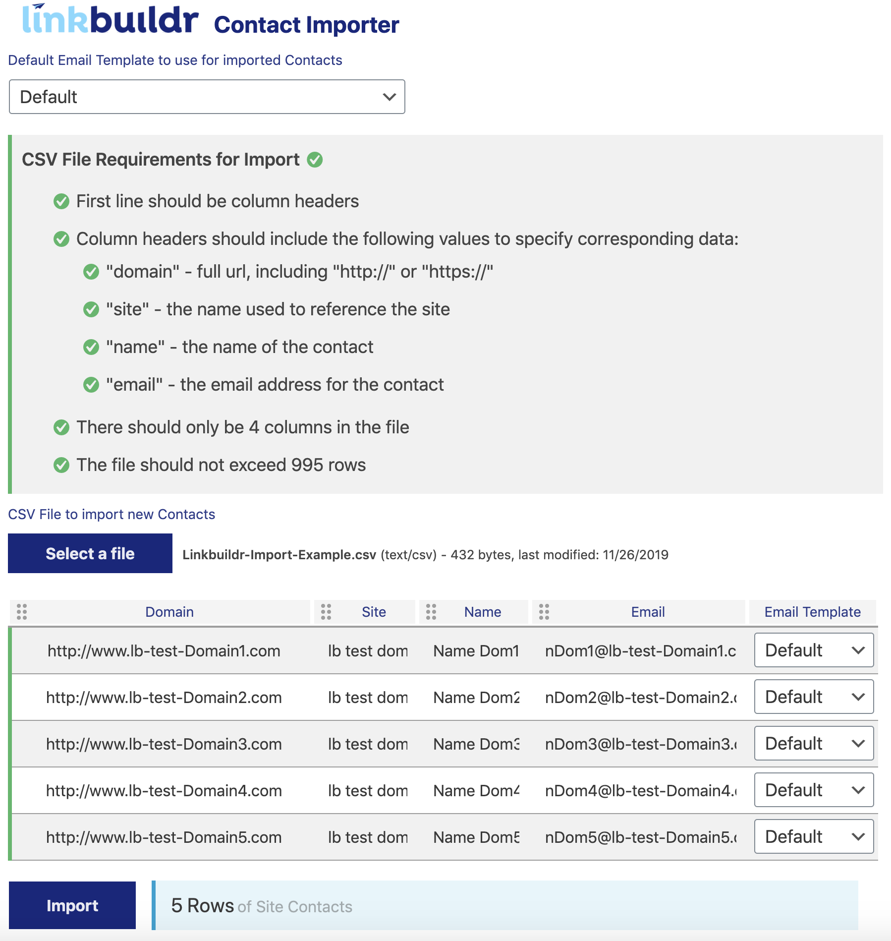 Linkbuildr - Contact Import:  This page allows a user to import a CSV of contacts into Linkbuildr.