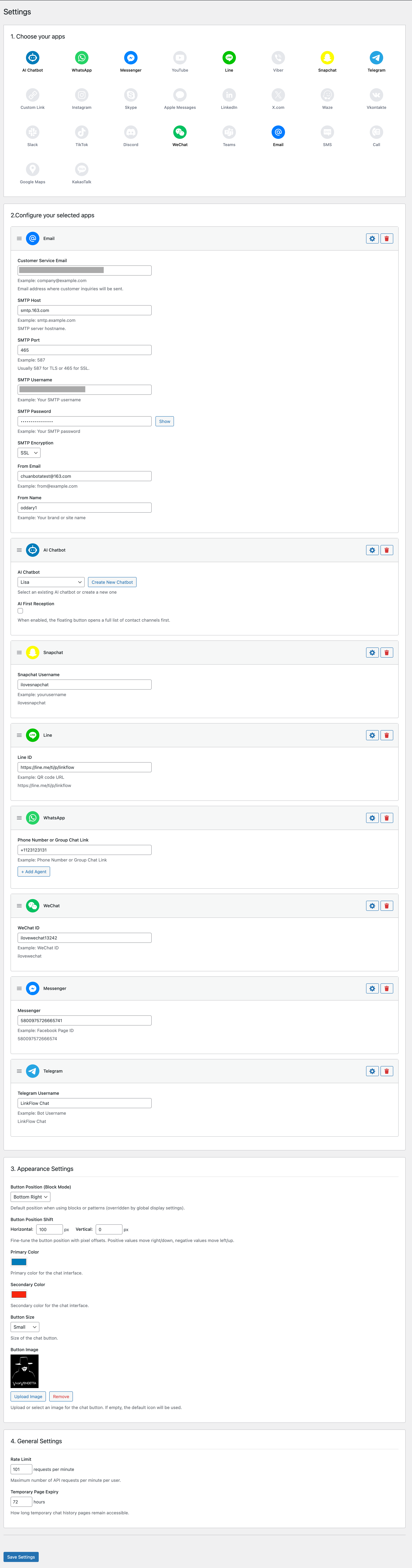 Customizable social media buttons and AI settings and appearance configuration