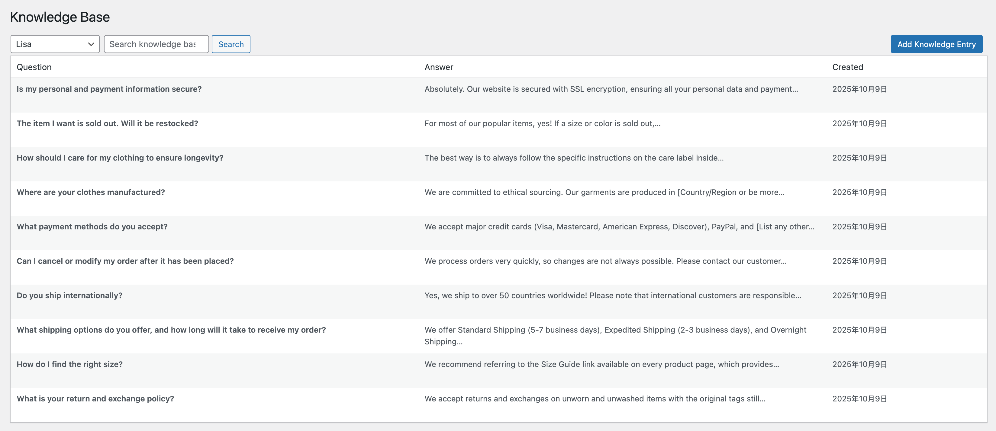 Preset Q&A management interface