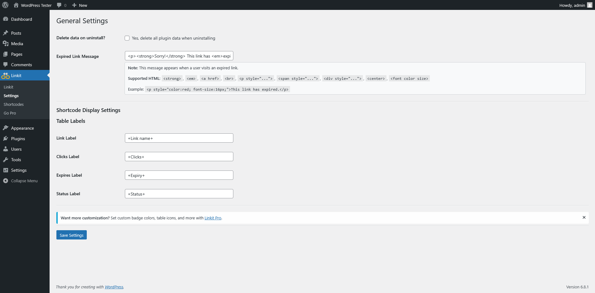 Settings page