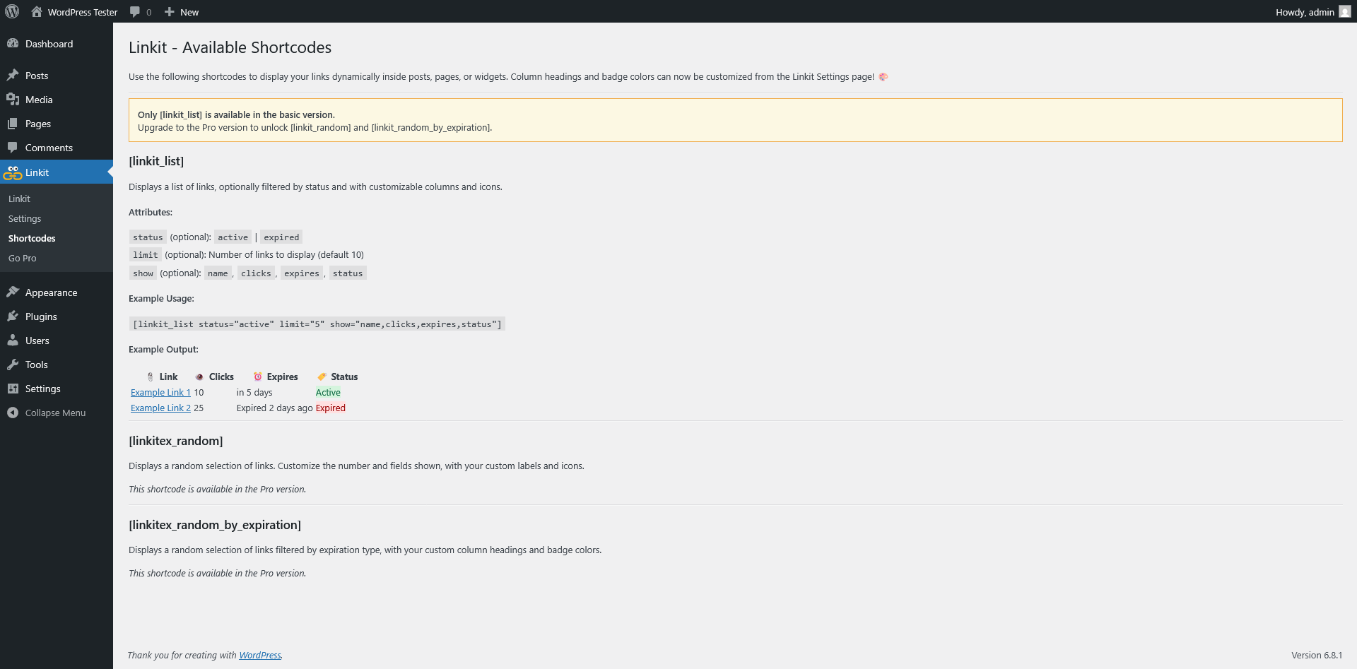 Shortcodes page